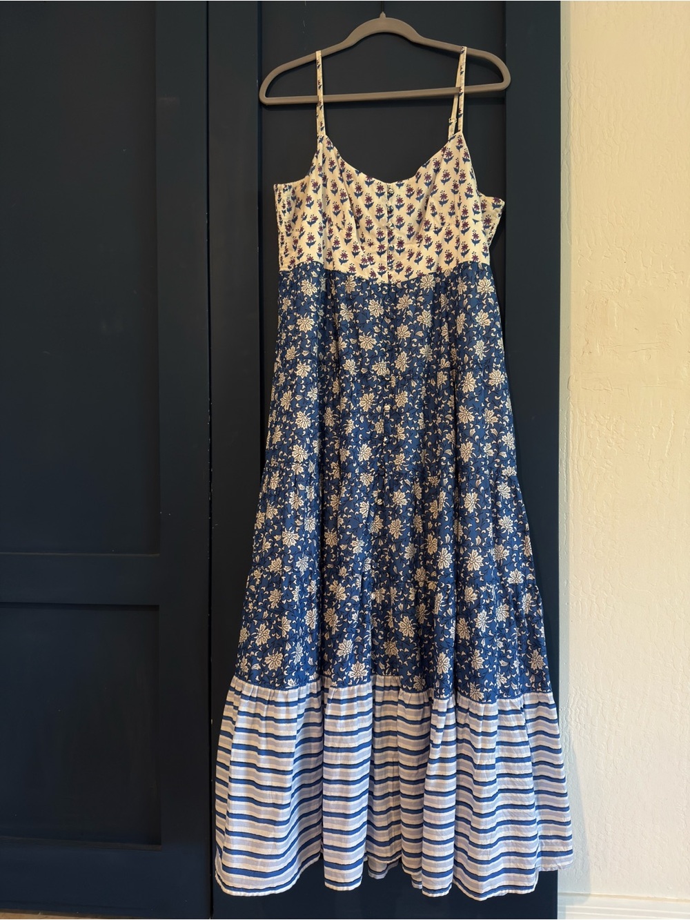 J. Crew Blue and Cream Floral Tiered Maxi Dress